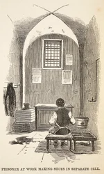 Gefangener bei der Schuhherstellung in einer Einzelzelle, Illustration aus The Criminal Prisons of London and Scenes from Prison Life von Henry Mayhew und John Binny, veröffentlicht 1862