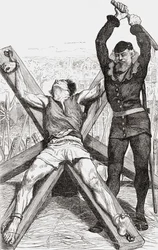 Ein Gefangener wird am Andreaskreuz gefoltert, um 1865