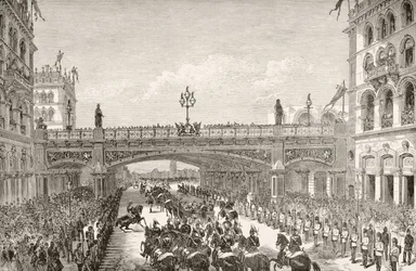 Königin Victoria eröffnet den Holborn Viadukt im Jahr 1869, aus 