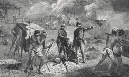 Evakuierung der Kranken und Verwundeten in Lucknow von der Residenz nach Dilkoosha in der Nähe der Stadt