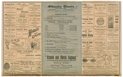 Rückseite eines Werbeflyers für das Alhambra Theatre