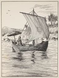 Robinson Crusoe auf seinem Boot, Illustration aus Die Geschichte von Robinson Crusoe: Eine Adaption für Kinder nach Defoes Sprache, veröffentlicht von Griffith Farran Browne & Co. Limited, London