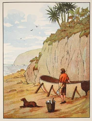 Robinson Crusoes Kanu, Illustration aus Die Geschichte von Robinson Crusoe: Eine Adaption für Kinder nach Defoes Sprache, veröffentlicht von Griffith Farran Browne & Co. Limited, London