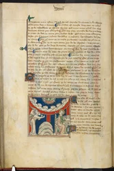 Ein Löwenmaul und auf einem umgekehrten Bogen aus Wolken sechs Köpfe, die die sieben Donner darstellen: unten links der Engel und rechts Johannes, der im Begriff ist, in das Buch zu schreiben, aus 