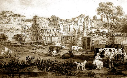 Ruiniertes Herrenhaus mit melkenden Kühen, ca. 1800