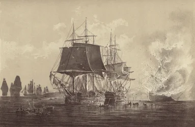 Russisches Schiff Vsevolod zerstört in Anwesenheit der russischen Flotte nach dem Gefecht mit der HMS Implacable, angegliedert an die schwedische Marine und kommandiert von Kapitän Thomas Byam Martin, in der Ostsee, 26. August 1808