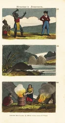 Samuel Hearne beobachtet einen indianischen Schwertschlucker, Nordamerikanischer Biber, Castor canadensis und Indianer kochen Wasser in einem Holzfass mit heißen Steinen