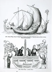 Sächsisches Schiff, aus einem Stich in Strutts Chronicle of England und einer Weinpresse