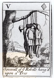 Mehrere Rebellen, die an einem Baum aufgehängt sind, Fünf-Herz-Spielkarte aus einem Set zur Erinnerung an Monmouths Rebellion im Jahr 1685