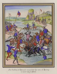 Sir Godfrey De Harcourt begegnet den Männern von Amiens auf ihrem Weg nach Paris