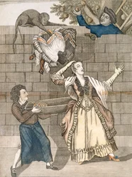 Slight of Hand by a Monkey or the Ladys Head Unloaded, nach einer Originalzeichnung von Grimm, gedruckt für Carington Bowles, London, veröffentlicht 1778