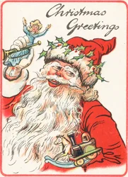 Lächelnder Weihnachtsmann hält Spielzeug, Weihnachtskarte