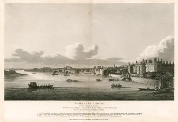 Somerset House, London, in seinem ursprünglichen Zustand mit den verschiedenen Gebäuden am Ufer der Themse bis Westminster
