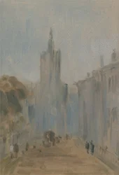 Straße mit Kirche und Figuren, zuvor J.M.W. Turner (1775-1851) und auch Peter de Wint (1784-1849) zugeschrieben, 1822-25