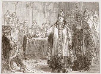 Die Erzbischöfe von York und Canterbury vor dem Parlament in der Westminster Abbey, Illustration aus Die Geschichte des Protestantismus von James Aitken Wylie, veröffentlicht 1878