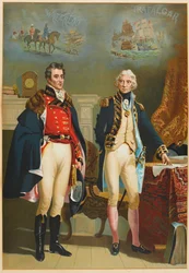 Die Armee und die Marine, die das einzige Treffen zwischen den großen Kommandanten Wellington (1769-1852) und Nelson (1758-1805) darstellen, ca. 1890