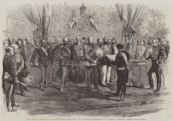 Die Preisverleihung bei der Internationalen Ausstellung, Earl Granville, Präsident der Royal Commission, liest die Ansprache