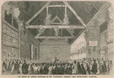 Der Bischof von London predigt im beliebten Omnibushof, Upper Street, Islington