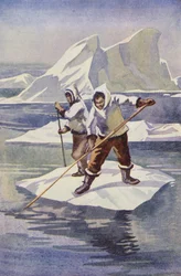 Die Jungen machten ein Eisfloß (Farblithografie)