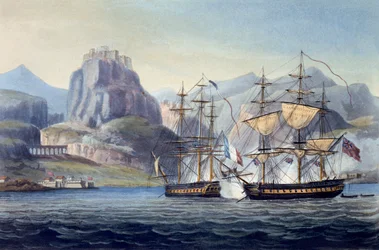 Die Eroberung der Var durch die HMS Belle Poule vor Korfu, 1809, aus The Naval Chronology of Great Britain von J. Ralfe