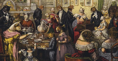 Die Teeparty der Katzen (Farblithografie)