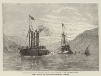 Das Zylinderschiff Cleopatra verlässt Ferrol im Schlepptau des Dampfschleppers Anglia (Gravur)