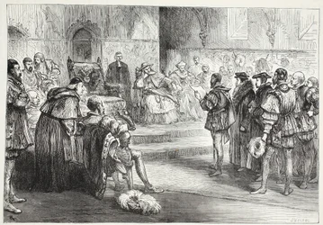 Der Kurfürst von Sachsen liest den Protest auf dem Reichstag zu Speyer, Illustration aus Die Geschichte des Protestantismus von James Aitken Wylie, veröffentlicht 1878