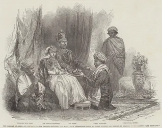 Der Ex-Rajah von Coorg und seine Tochter Prinzessin Gouramma und Gefolge (Gravur)