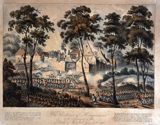 Das Äußere von Hougoumont zu Beginn der Schlacht von Waterloo, 18. Juni 1815, graviert von T. Sutherland, veröffentlicht 1816 (Aquatinta)