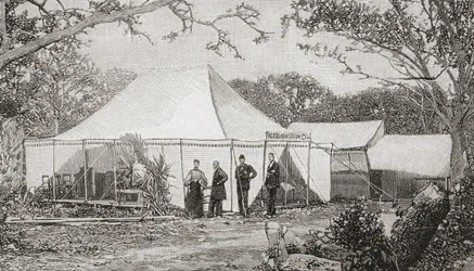 Die Erste Presbyterianische Kirche, Miami, Florida, Vereinigte Staaten von Amerika im späten 19. Jahrhundert. Die Kirche, gegründet von Reverend Henry Keigwin im Jahr 1896, begann in einem einfachen Bretterrestaurant, bevor die Gottesdienste in ein Zelt ve