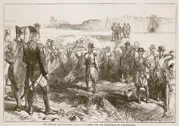 Die französischen Kommissare kommen, um über die Kapitulation von Pondicherry zu verhandeln, Illustration aus Cassells Illustrierter Geschichte Indiens von James Grant, veröffentlicht 1879
