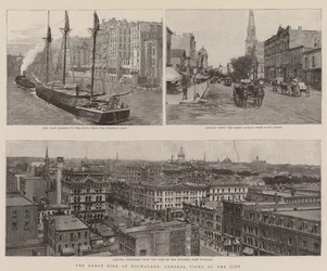 Das große Feuer in Milwaukee, Gesamtansichten der Stadt (Gravur)