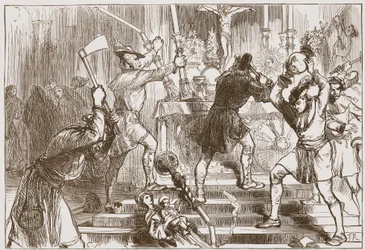 Die Bilderstürmer zerstören die Bilder und Altardekorationen einer römisch-katholischen Kirche, Illustration aus 