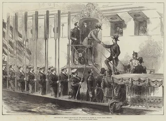 Der König von Griechenland wird vom Prinzen von Wales an Bord der HMS Serapis empfangen (Stich)