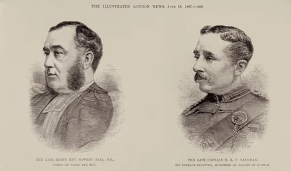 Der verstorbene hochwürdige Rowley Hill, Bischof von Sodor und Man, und der verstorbene Hauptmann E. B. T. Vaughan von der 6. Punjab-Infanterie, von Dacoits in Burma ermordet, aus The Illustrated London News, 18. Juni 1887