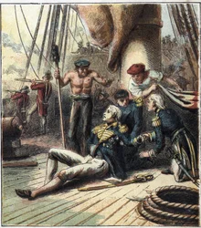 Der Napoleonische Krieg: die Schlacht von Trafalgar am 21.10.1805, sie stellte die französisch-spanische Flotte unter Admiral Villeneuve gegen die britische Flotte unter Vizeadmiral Nelson. Er starb dort. 