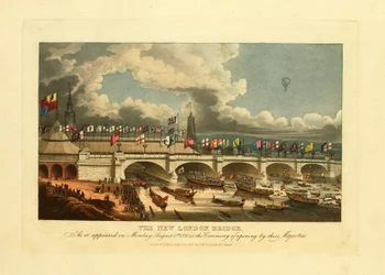 Die neue Londoner Brücke, wie sie am Montag, dem 1. August 1831, bei der Eröffnungszeremonie durch ihre Majestäten erschien, 1831