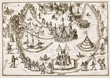 Der Teich in Elvetham während des Besuchs von Königin Elisabeth, aus The Honourable Entertainment given to the Queens Majestie in Prgresse at Elvetham in Hampshire by the Right Honble the Earl of Hertford, 1591