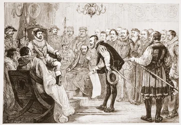 Die protestantischen Fürsten überreichen ihr Bekenntnis an Karl, Illustration aus Die Geschichte des Protestantismus von James Aitken Wylie, veröffentlicht 1878