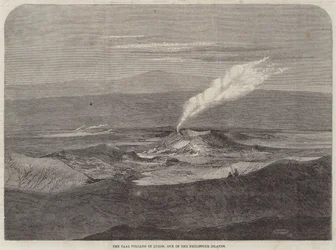 Der Taal-Vulkan auf Luzon, eine der Philippineninseln (Stich)