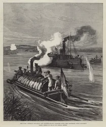 Der Krieg, russisches Kanonenboot und Torpedoboote kämpfen mit den Batterien bei Silistria (Stich)