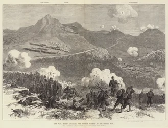 Der Krieg, Türken greifen die russische Position am Shipka-Pass an (Gravur)