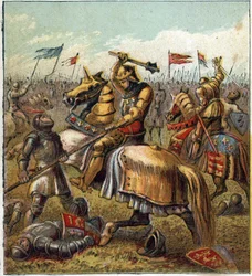 Der Krieg der zwei Rosen (1455-1485): Schlacht zwischen dem Königshaus York und dem Königshaus Lancaster. Illustration des englischen Bürgerkriegs, der durch die Teilung der Nachfolger von König Edward III. (1327-1377) in zwei Zweige entstand. Der Krieg de