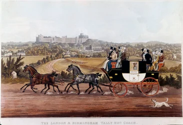 Die Kutsche (Diligence), die Birmingham mit London verbindet. Lithographie der englischen Schule. 19. Jahrhundert. Private Sammlung