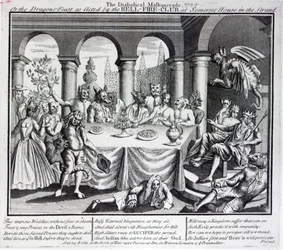 Die teuflische Maskerade oder das Drachenfest, wie es vom Hell-Fire-Club im Somerset House in der Strand, ca. 1721, aufgeführt wurde