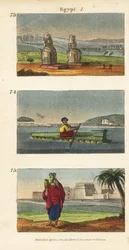 Die großen Ruinen der Kolosse von Memnon in Luxor im Süden Ägyptens, Floß aus irdenen Krügen auf dem Nil und Frauen tragen Wasserkrüge auf ihren Köpfen