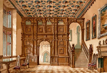 Der Innenraum von Methley Hall, Yorkshire, England vor seinem Abriss 1963, aus Old England: A Pictorial Museum, veröffentlicht 1847