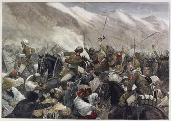 Der letzte afghanische Krieg: Tod von Major Wigram Battye in der Schlacht von Futtehabad am 30. April (farbiger Stich)