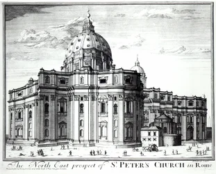 Die nordöstliche Aussicht auf die St. Peterskirche, Rom, graviert von H. Hulfbergh
