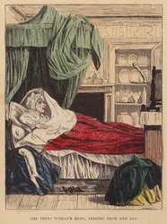 Der Kopf der winzigen Frau, der aus ihrem Bett lugt